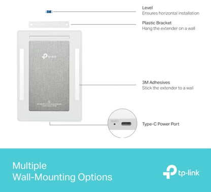 TP-Link Archer Air E5 Wifi 6-repeater AX3000 med vægbeslag, vaterpas, reset-knap og USB-C strømport.