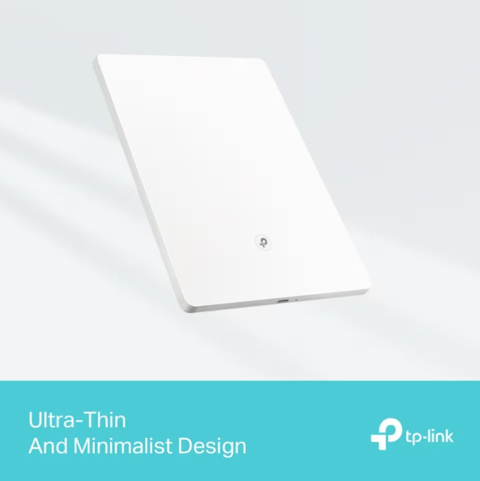TP-Link Archer Air E5 WiFi 6-repeater AX3000, hvidt, ultra-tyndt design med TP-Link-logo og teksten "Ultra-Thin And Minimalist Design.