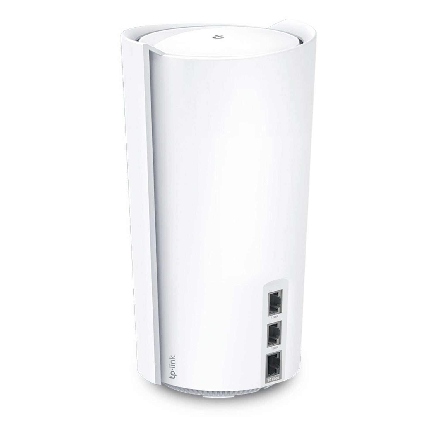 TP-Link Deco XE200 mesh-router AXE11000 1-pak, cylinderformet, 3 Ethernet-porte, tri-band WiFi 6E, strømstik bagpå.