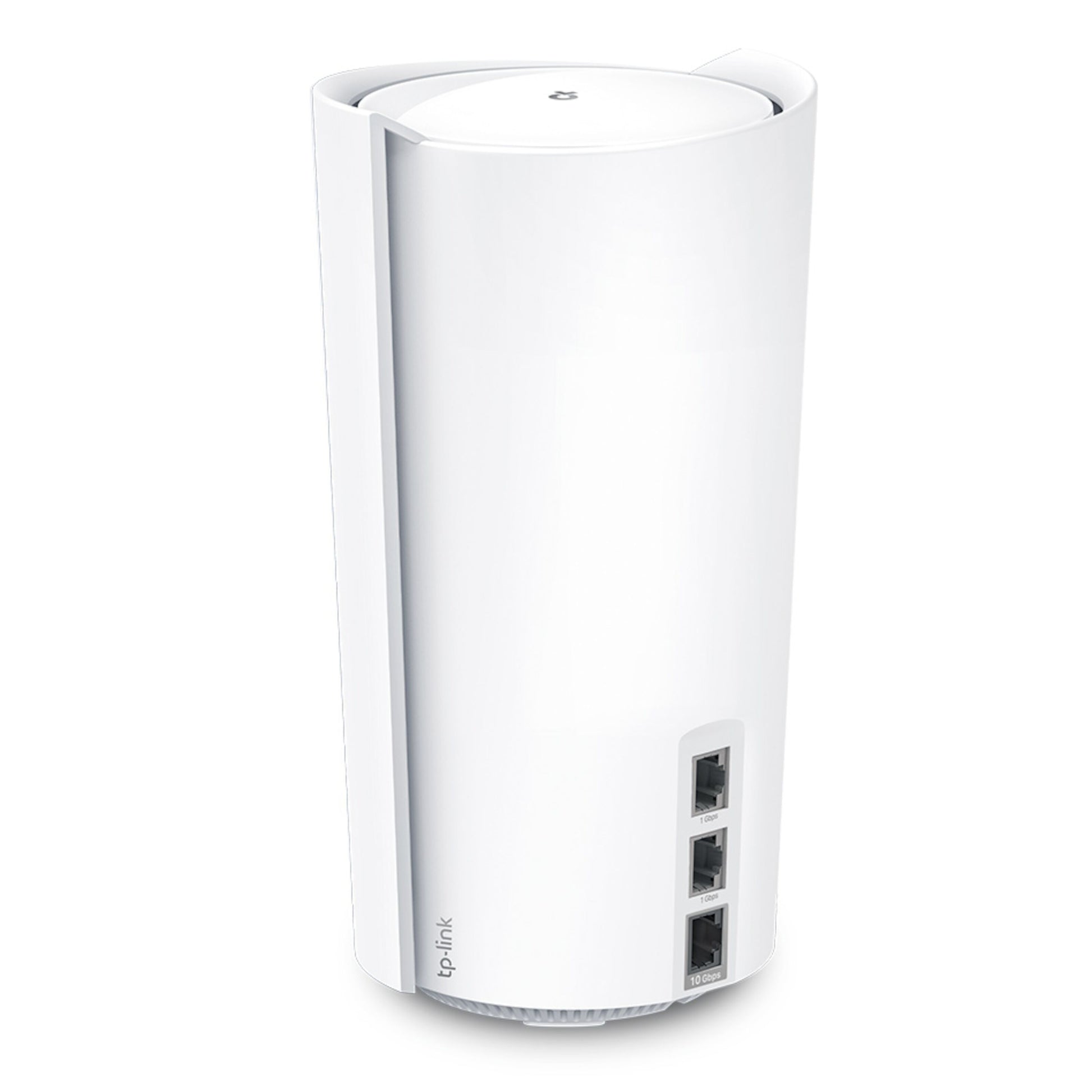 TP-Link Deco XE200 mesh-router AXE11000 1-pak, cylinderformet, 3 Ethernet-porte, tri-band WiFi 6E, strømstik bagpå.