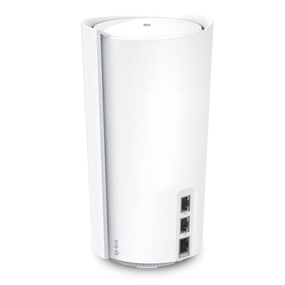 TP-Link Deco XE200 mesh-router AXE11000 1-pak, cylinderformet, 3 Ethernet-porte, tri-band WiFi 6E, strømstik bagpå.