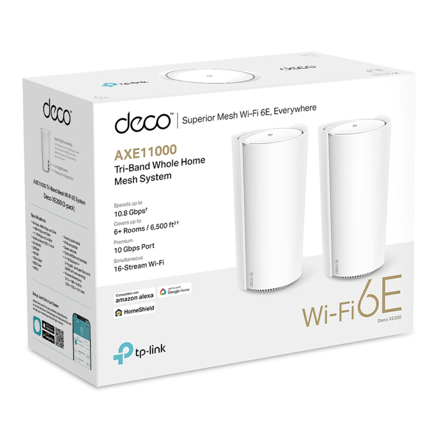 TP-Link Deco XE200 mesh-router Wifi 6E AXE11000 1-pak, hvid cylinder, 10,8 Gbps, op til 6500 sq ft dækning, kompatibilitetslogoer.