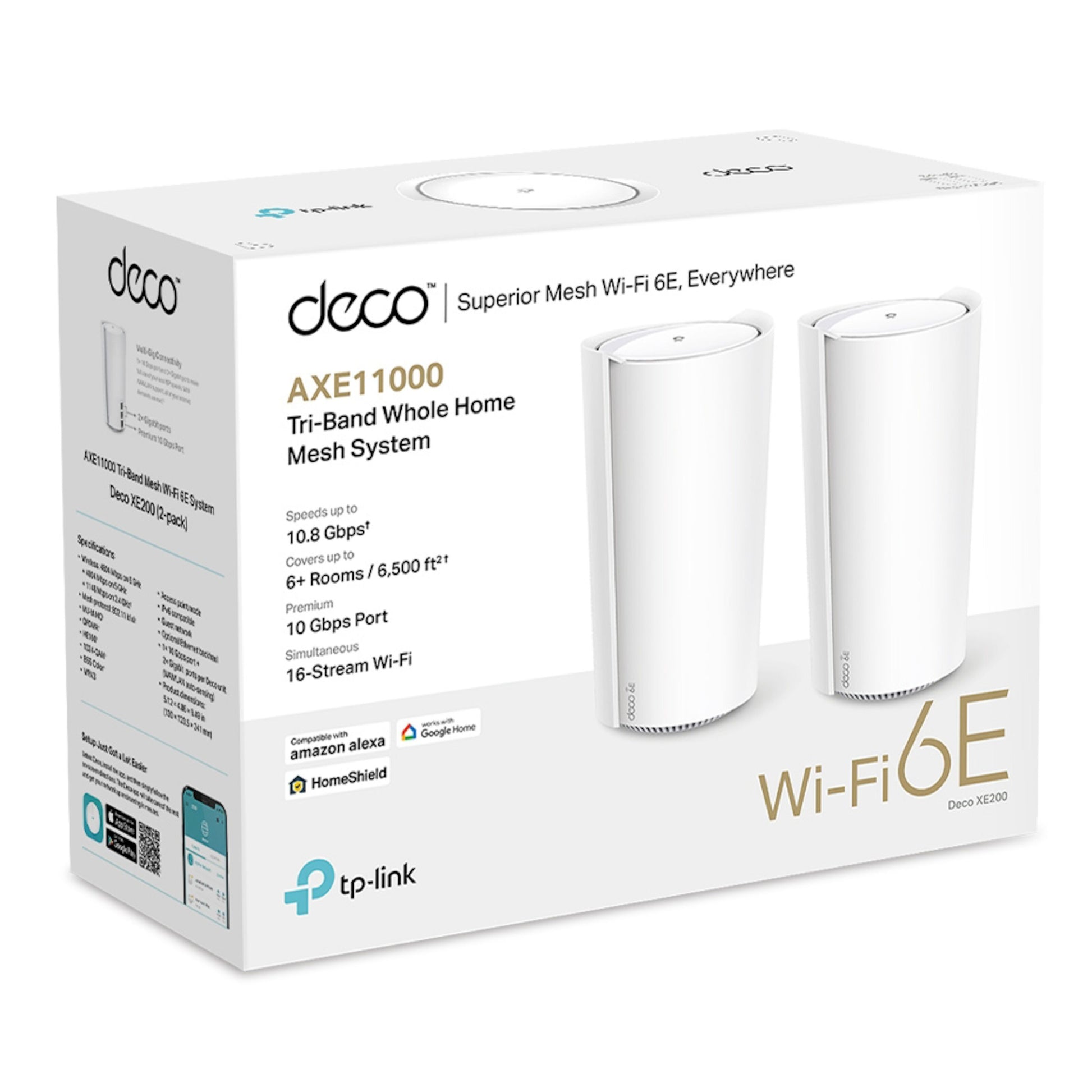 TP-Link Deco XE200 mesh-router Wifi 6E AXE11000 1-pak, hvid cylinder, 10,8 Gbps, op til 6500 sq ft dækning, kompatibilitetslogoer.