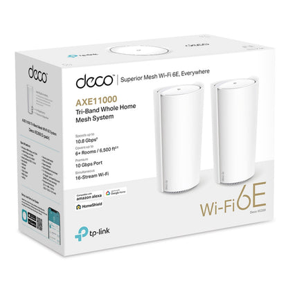 TP-Link Deco XE200 mesh-router Wifi 6E AXE11000 1-pak, hvid cylinder, 10,8 Gbps, op til 6500 sq ft dækning, kompatibilitetslogoer.