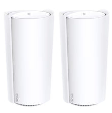 TP-Link Deco XE200 mesh WiFi 6E (AXE11000) 2-pak hvide, høje enheder med diskret logo nederst.