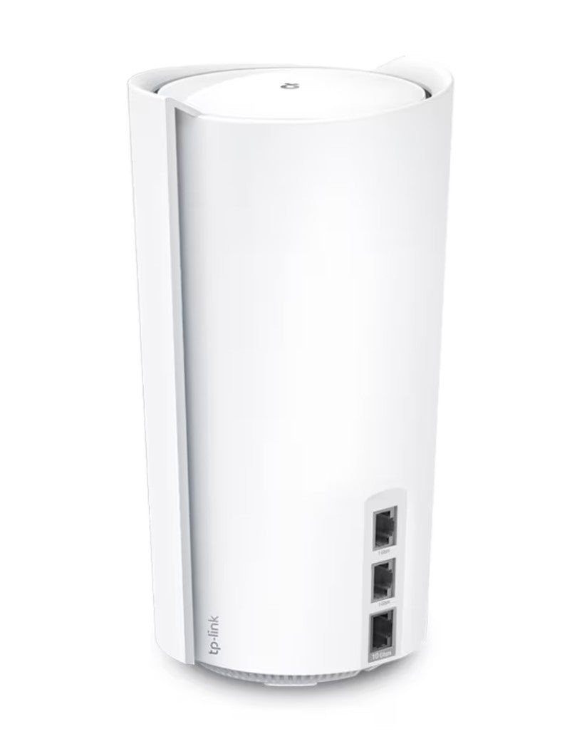 TP-Link Deco XE200 Mesh Wi-Fi 6E AXE11000 2 stk hvid cylinderformet design med tre bageste Ethernet-porte.