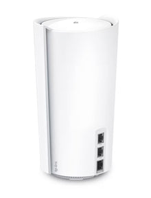 TP-Link Deco XE200 Mesh Wi-Fi 6E AXE11000 2 stk hvid cylinderformet design med tre bageste Ethernet-porte.