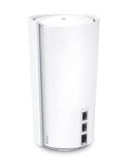 TP-Link Deco XE200 Mesh Wi-Fi 6E AXE11000 2 stk hvid cylinderformet design med tre bageste Ethernet-porte.