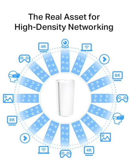 TP-Link Deco XE200 mesh system 2-pak hvid med blå ikoner til 4K, 8K, VR, gaming og streaming WiFi 6E.