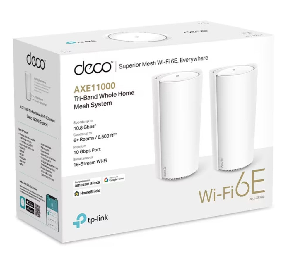 TP-Link Deco XE200 Mesh System Wifi 6E AXE11000, til hvide cylindriske enheder, 2 stk, ikoner til dækning og hastighed.