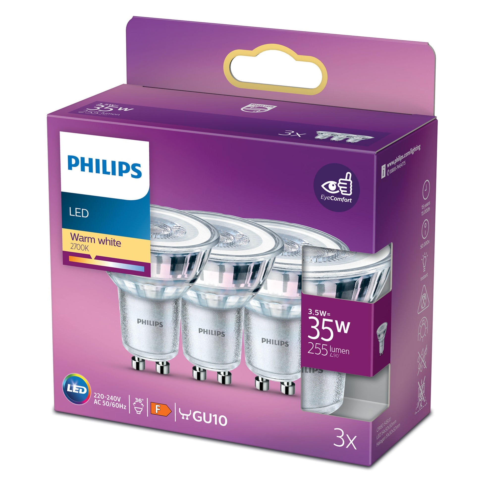 Philips LED-pære GU10 255 lm 3-pak, 3,5W (35W), varm hvid 2700K, EyeComfort-ikon på lilla/orange æske.