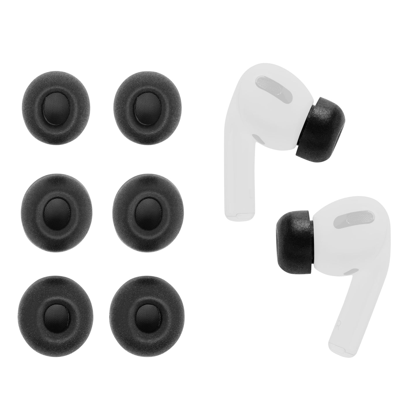 Memory Foam ørepropper til Airpods Pro Gen 1/2, hvide ørepropper med sorte propper og 6 ekstra sorte memory foam tips.