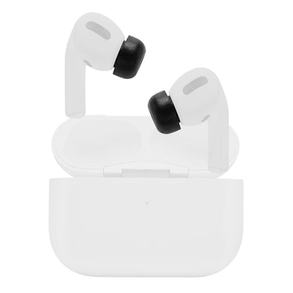 Memory Foam ørepropper sort til Airpods Pro (Gen 1 og 2) vist på hvide ørepropper i åbent hvidt etui.