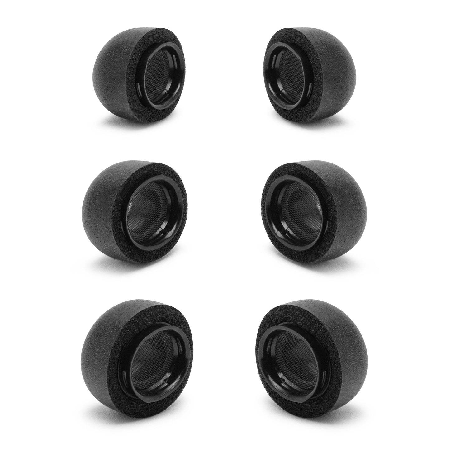 6 slags Memory Foam ørepropper til AirPods Pro Gen 1/2, meshcenter, arrangeret i to lodrette kolonner á tre.