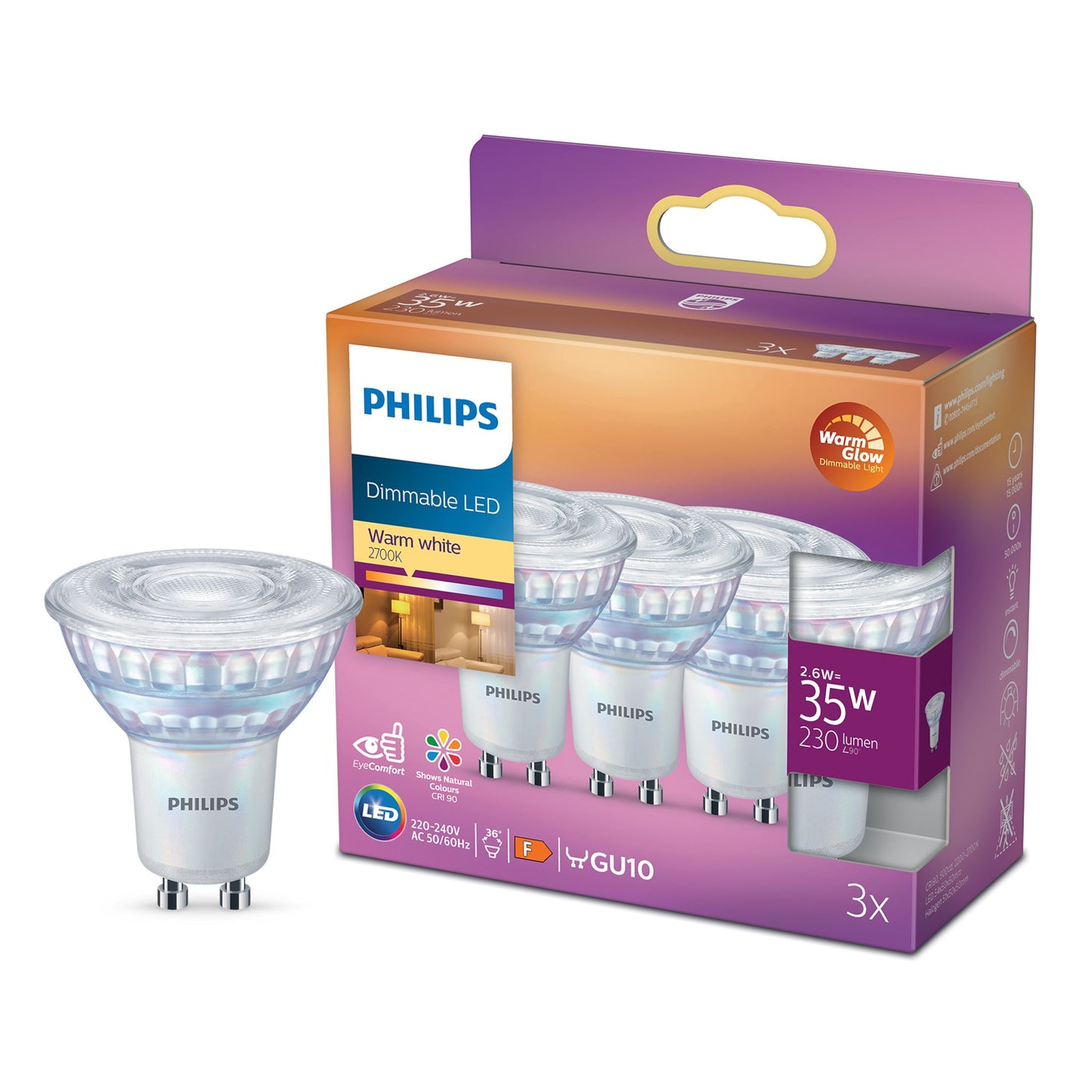 Philips LED-pærer GU10 230 lm 3-pak, dæmpbar, varm hvid 2200K, 2,6W=35W, synlig emballage og tre pærer.