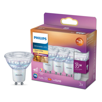 Philips LED-pærer GU10 230 lm 3-pak, dæmpbar, varm hvid 2200K, 2,6W=35W, synlig emballage og tre pærer.