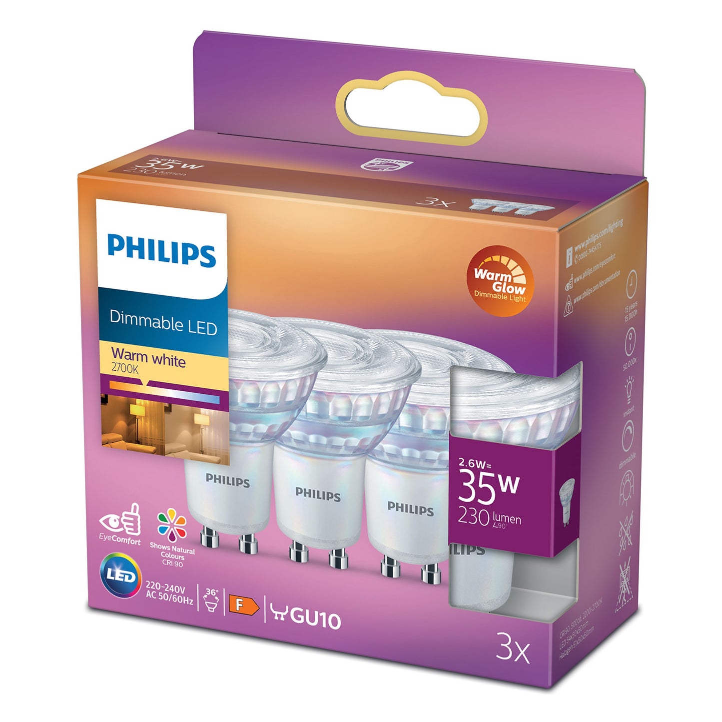 Philips LED GU10 230 lm 3-pak, varm hvid 2700K dæmpbar, svarer til 35W, synlige pærer i lilla/orange æske.
