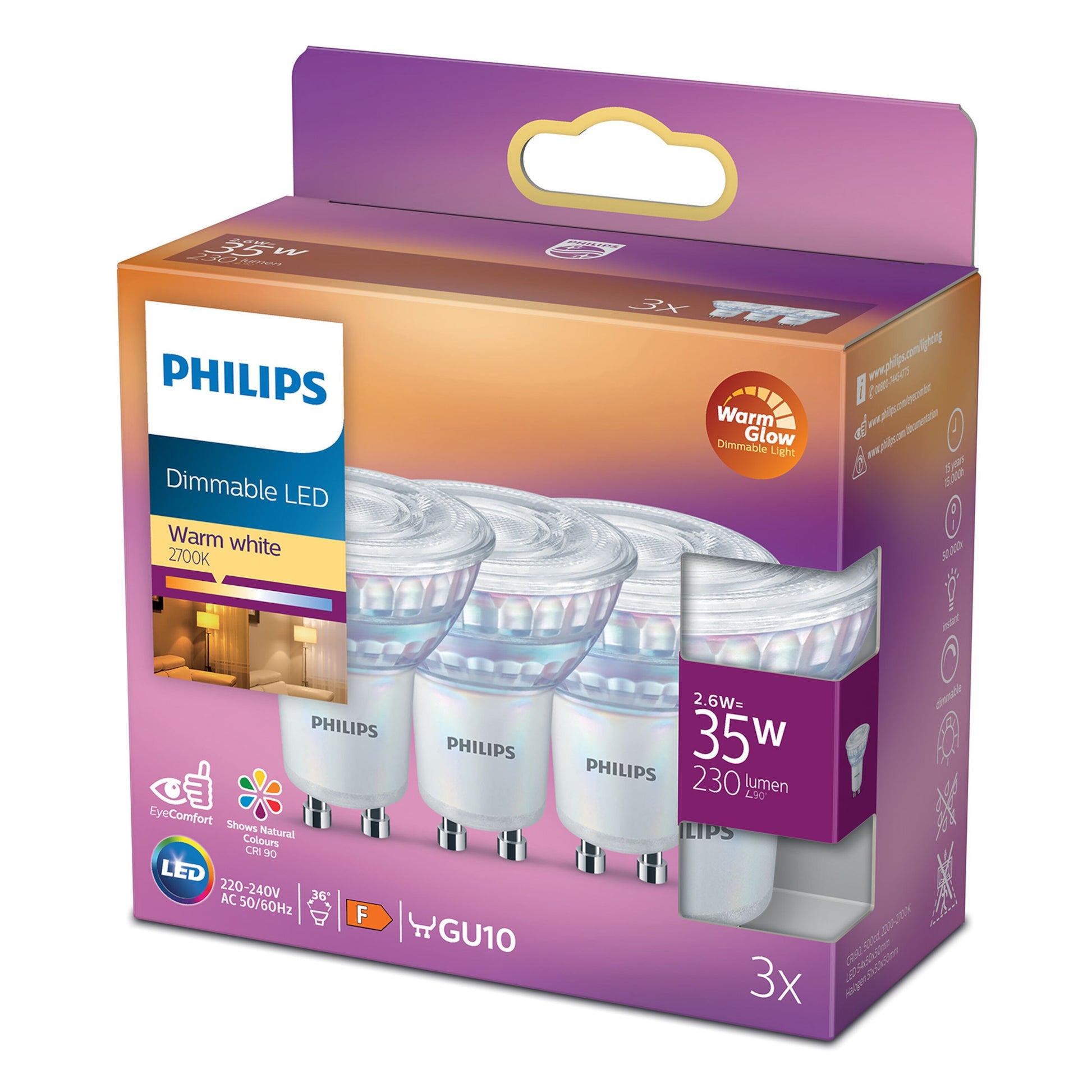 Philips LED GU10 230 lm 3-pak, varm hvid 2700K dæmpbar, svarer til 35W, synlige pærer i lilla/orange æske.