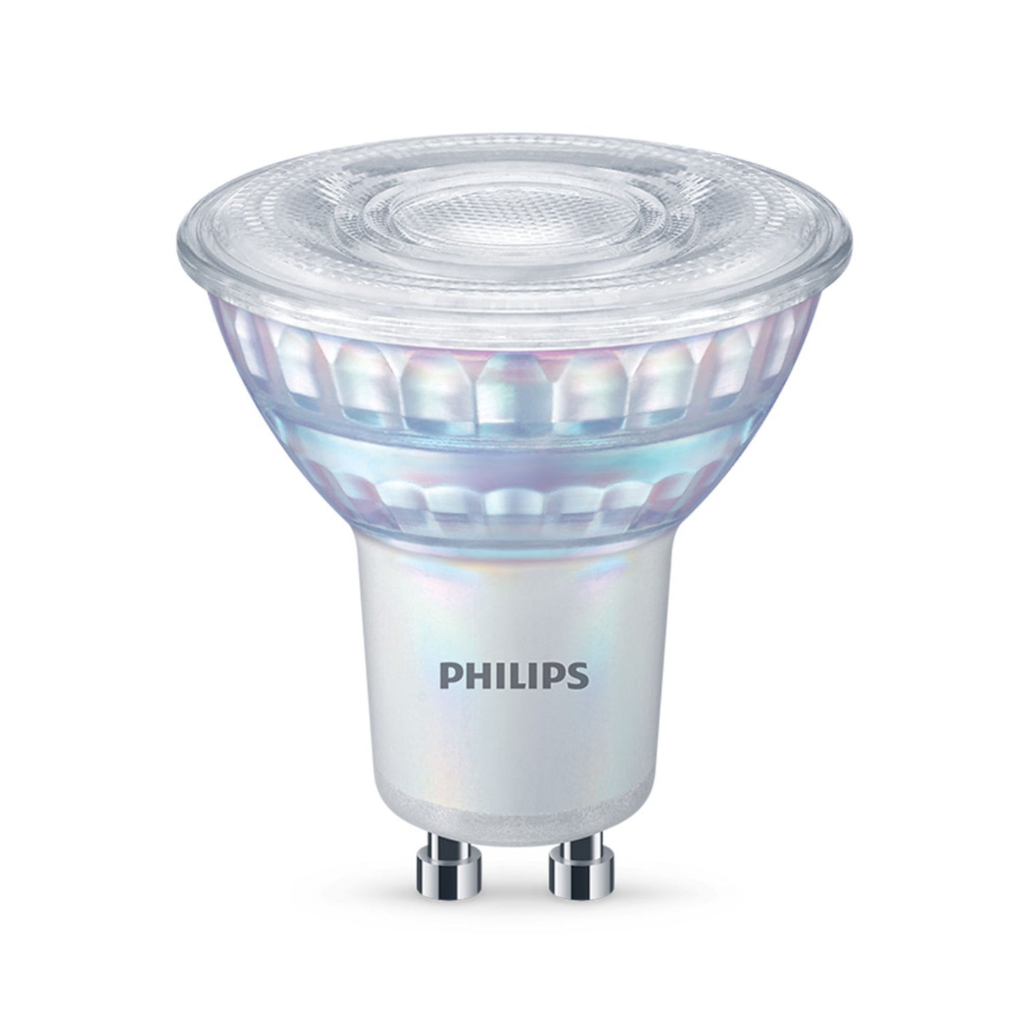 Philips LED-pære GU10 230 lm 3-pak, dæmpbar, varm hvid, kompakt, klar rillet top, sølv base, tobenet stik.