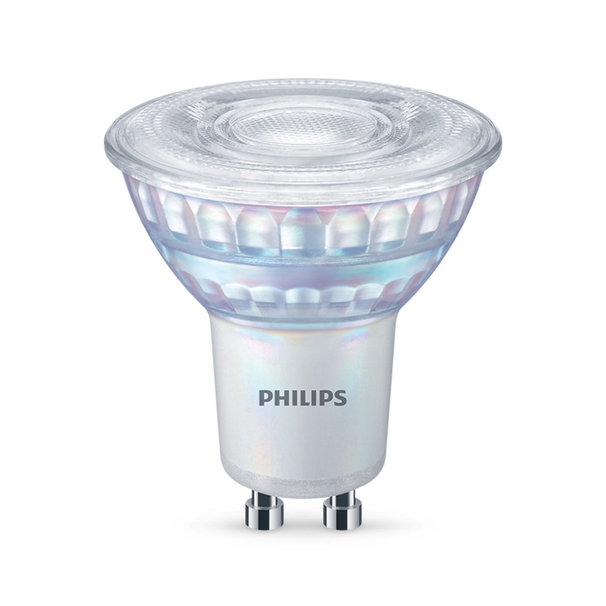 Philips LED-pære GU10 230 lm 3-pak, dæmpbar, varm hvid, kompakt, klar rillet top, sølv base, tobenet stik.
