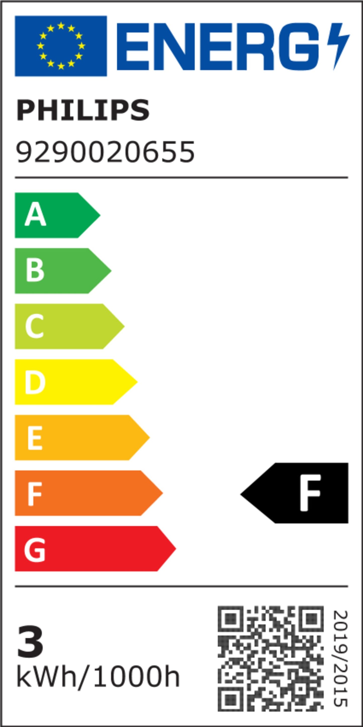 EU-energimærke til Philips LED-pære GU10 230 lm 3-pak, energiklasse F (A-G), 3 kWh/1000h, QR-kode nederst til højre.