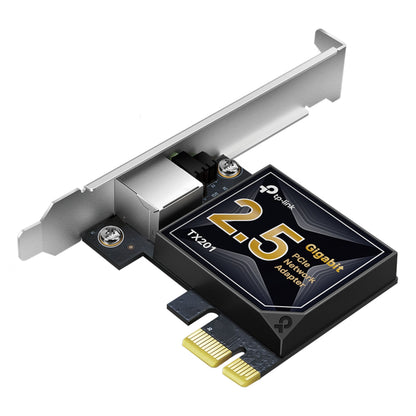 TP-Link TX201 PCI-Express netværkskort 2,5 Gb/s, enkelt Ethernet-port, sølv bracket, sort/guld label med modelnavn.