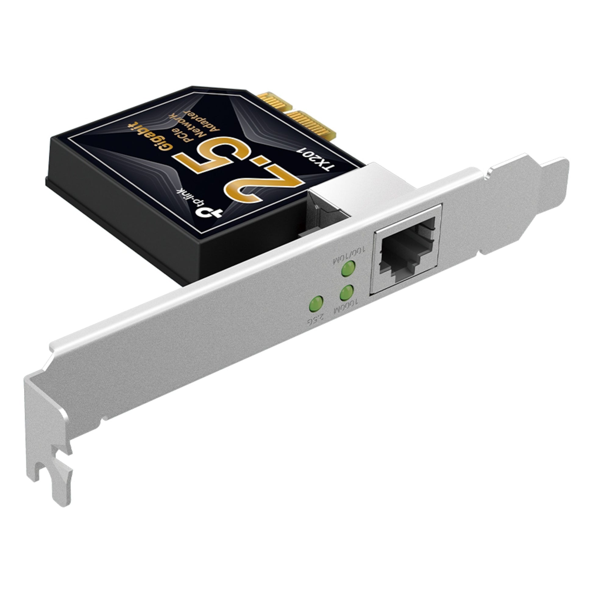 TP-Link TX201 PCI-Express netværkskort 2,5 Gb/s, sølv metalbeslag, til grønne LED-indikatorer, RJ45 Ethernet-port.