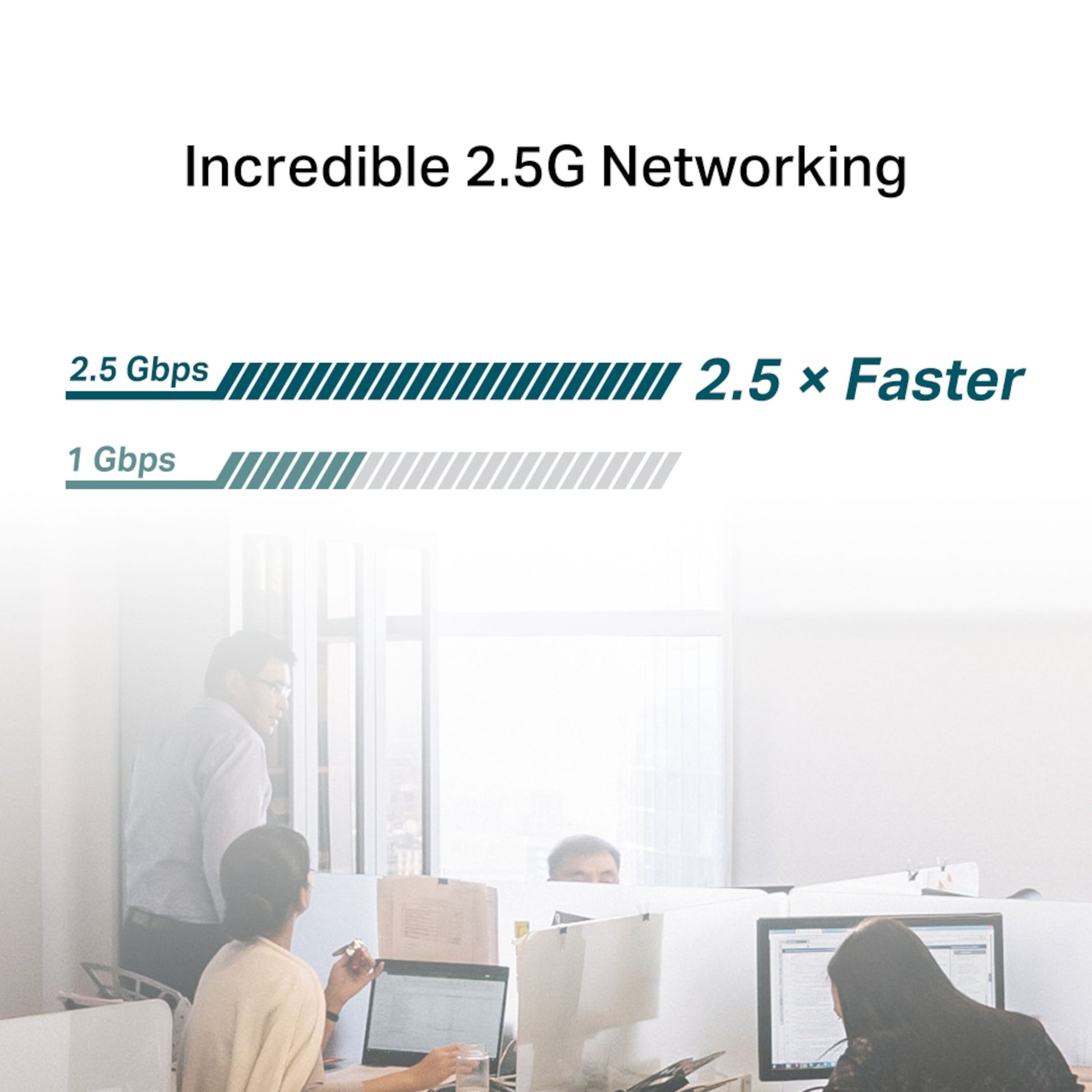 TP-Link TX201 PCI-Express netværkskort med grafisk visning af 2,5 Gb/s hastighed sammenlignet med 1 Gb/s.