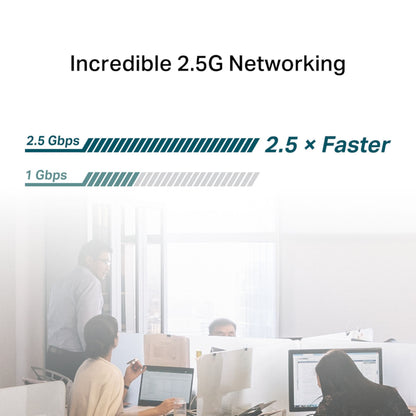 TP-Link TX201 PCI-Express netværkskort med grafisk visning af 2,5 Gb/s hastighed sammenlignet med 1 Gb/s.