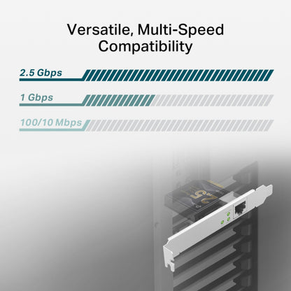 TP-Link TX201 PCI-Express netværkskort 2,5 Gb/s installeret i PC, tekst viser 2,5 Gb/s, 1 Gb/s og 100/10 Mb/s.