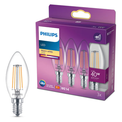 Philips Kron LED E14 470 lm 3-pak, varm hvid (2700K), 4,5W tilsvarende 40W, lilla emballage med produktoplysninger.