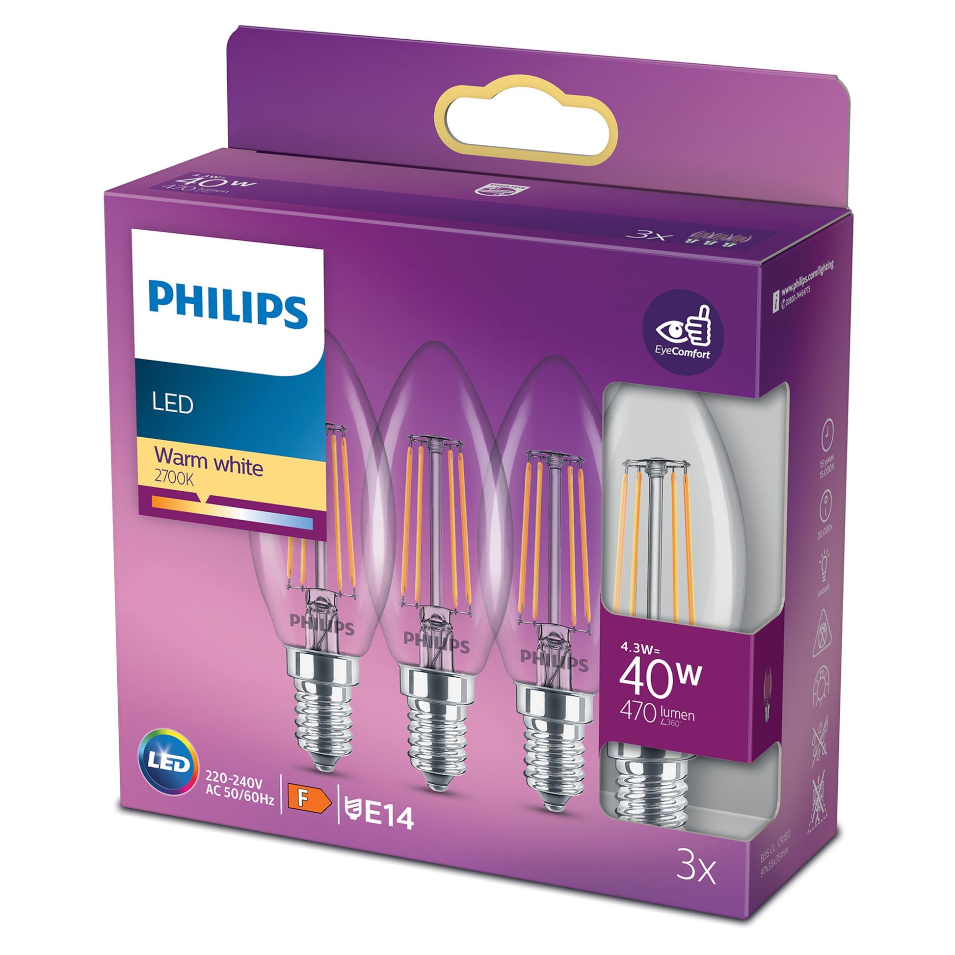 Philips LED Kron E14 470 lm 4.3W varm hvid 2700K filamentpærer 3-pak æske med produktinfo og ikoner, til 220-240V.