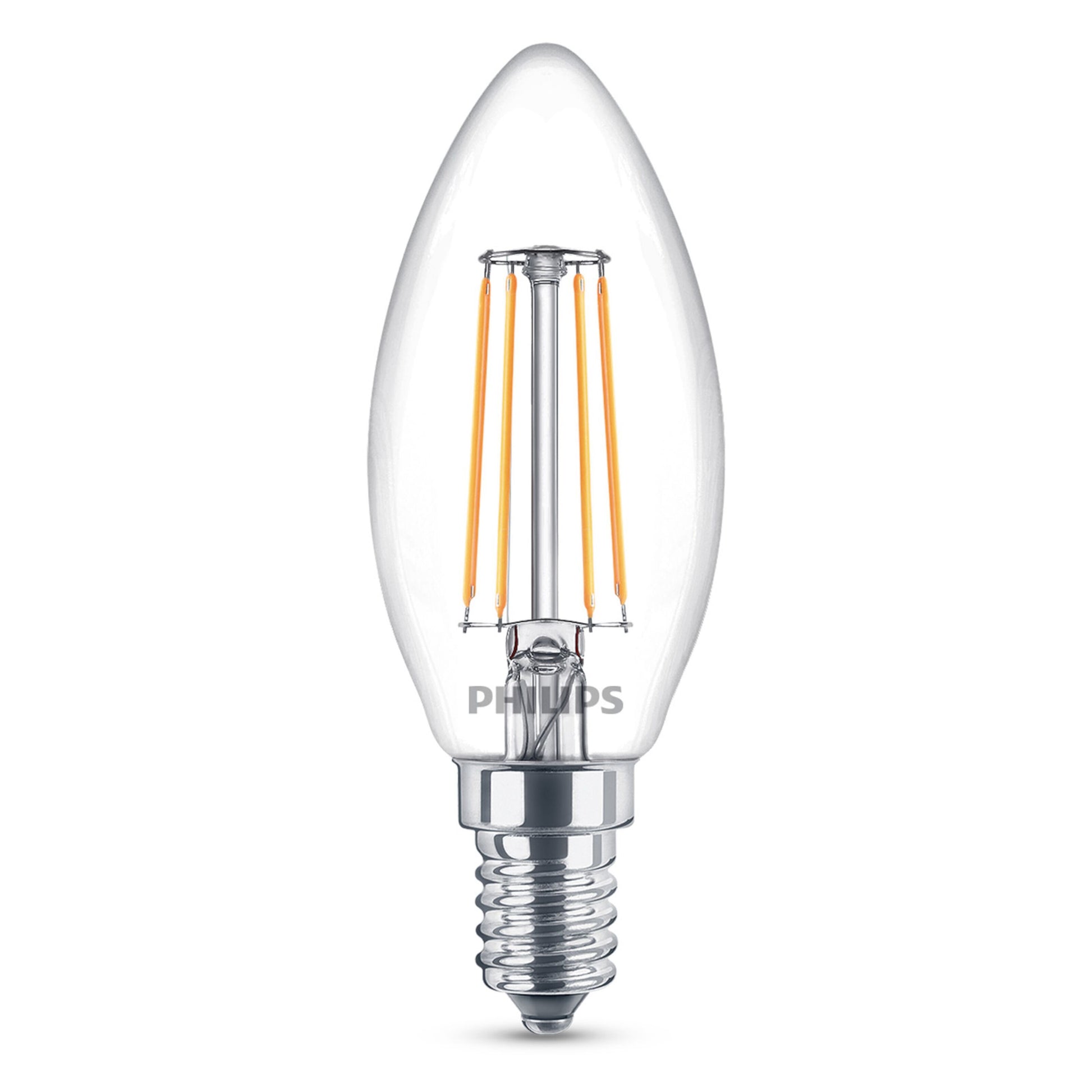 Philips Kron LED E14 pære 470 lm 3-pak med klart glas, synligt glødetråd og metalsokkel, varm hvid.