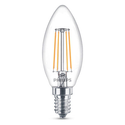 Philips Kron LED E14 pære 470 lm 3-pak med klart glas, synligt glødetråd og metalsokkel, varm hvid.
