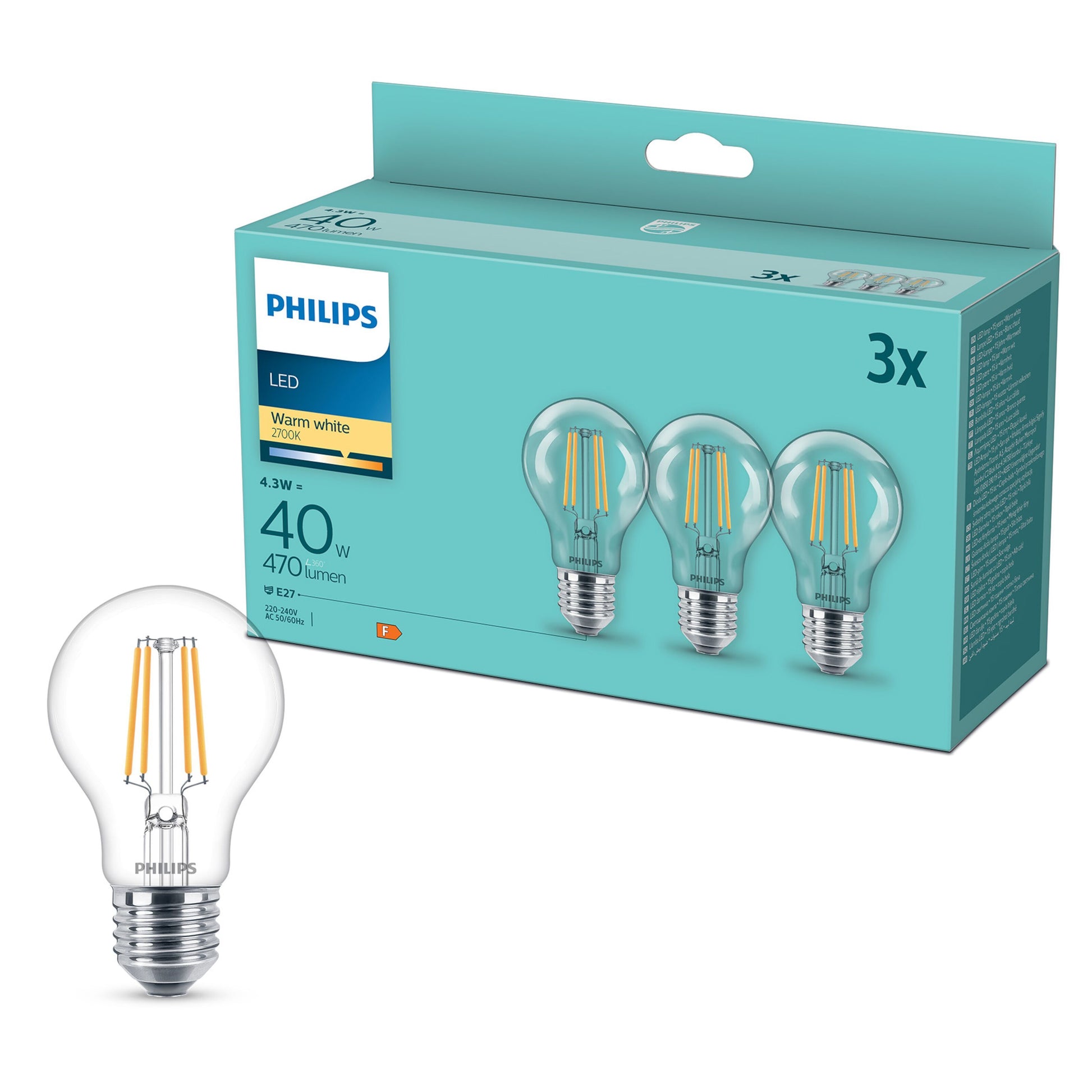 Philips LED-pære E27 470 lm 3-pak klassisk form med synlige gule filamenter, varm hvid lys.