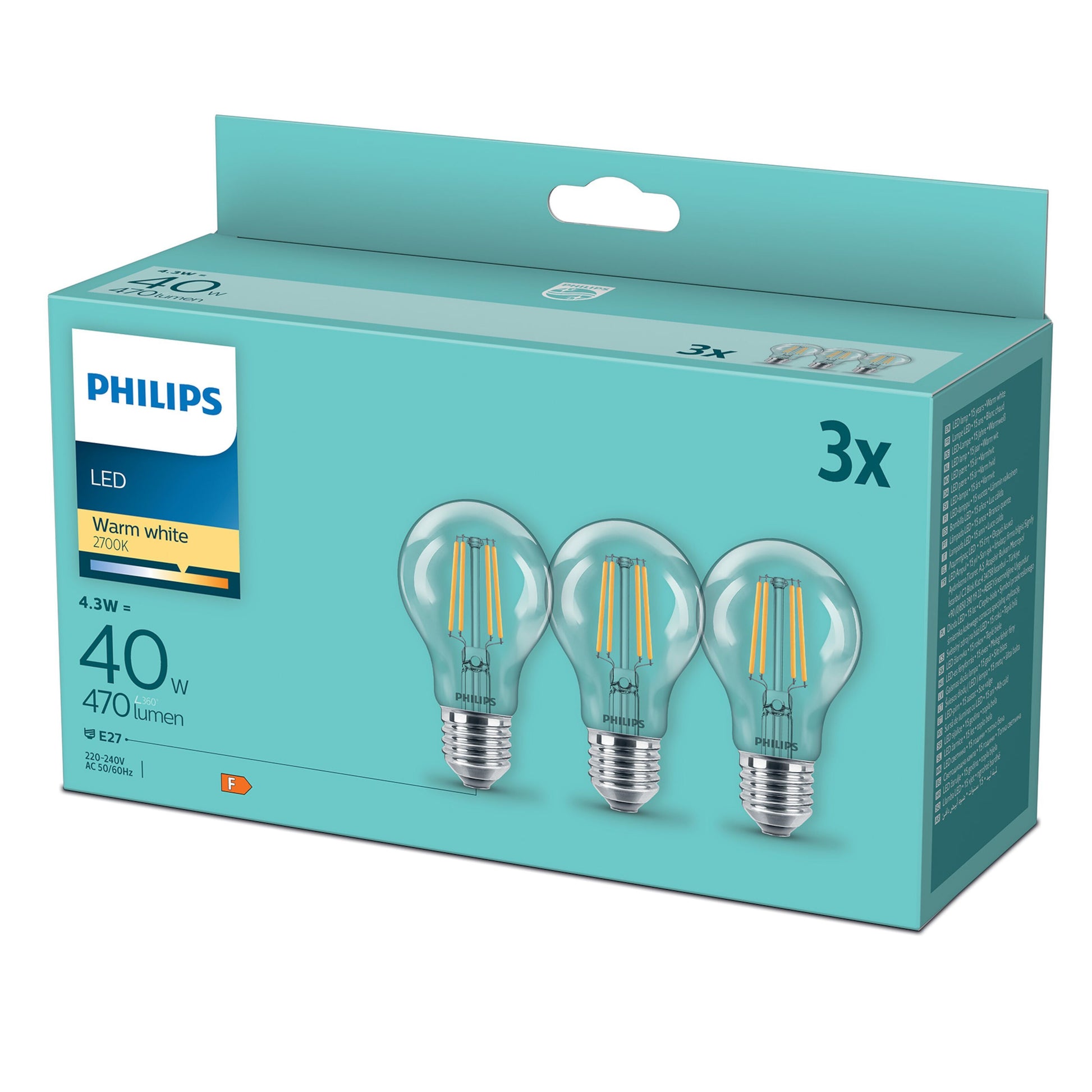 Philips LED-pærer E27 470 lm 3 stk varm hvid 4.3W tilsvarer 40W teal og gul emballage med billeder og produktinfo.