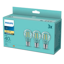 Philips LED-pærer E27 470 lm 3 stk varm hvid 4.3W tilsvarer 40W teal og gul emballage med billeder og produktinfo.