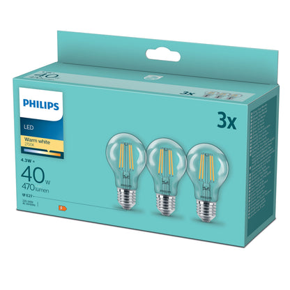 Philips LED-pærer E27 470 lm 3 stk varm hvid 4.3W tilsvarer 40W teal og gul emballage med billeder og produktinfo.