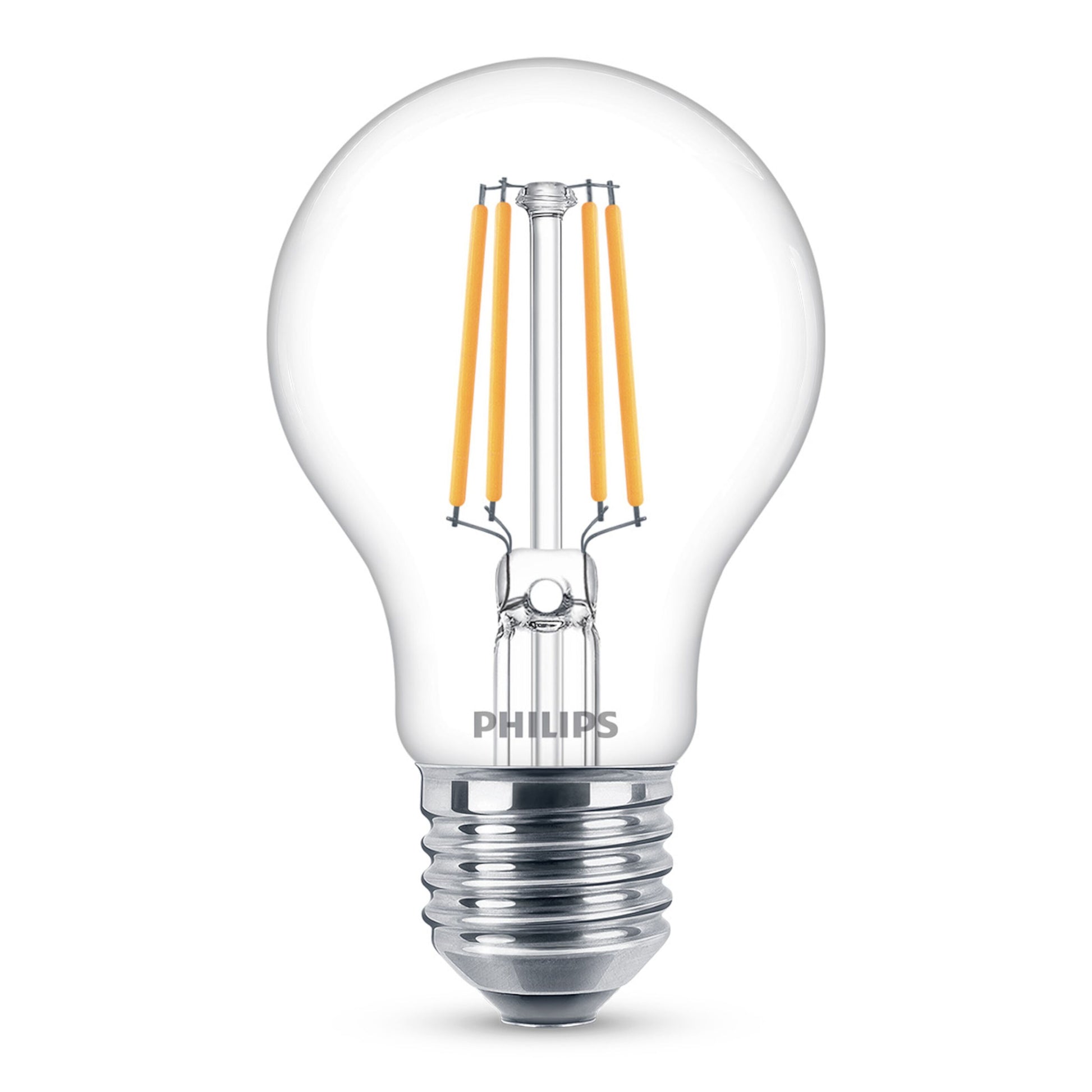 PHILIPS LED-pære E27 470 lm 3-pak klare pærer, synlige gule filamenter, metallisk fatning, PHILIPS-logo på glasset.