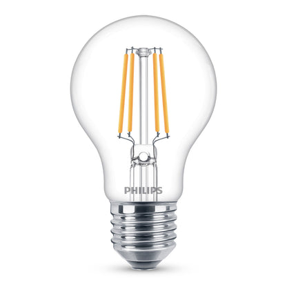 PHILIPS LED-pære E27 470 lm 3-pak klare pærer, synlige gule filamenter, metallisk fatning, PHILIPS-logo på glasset.