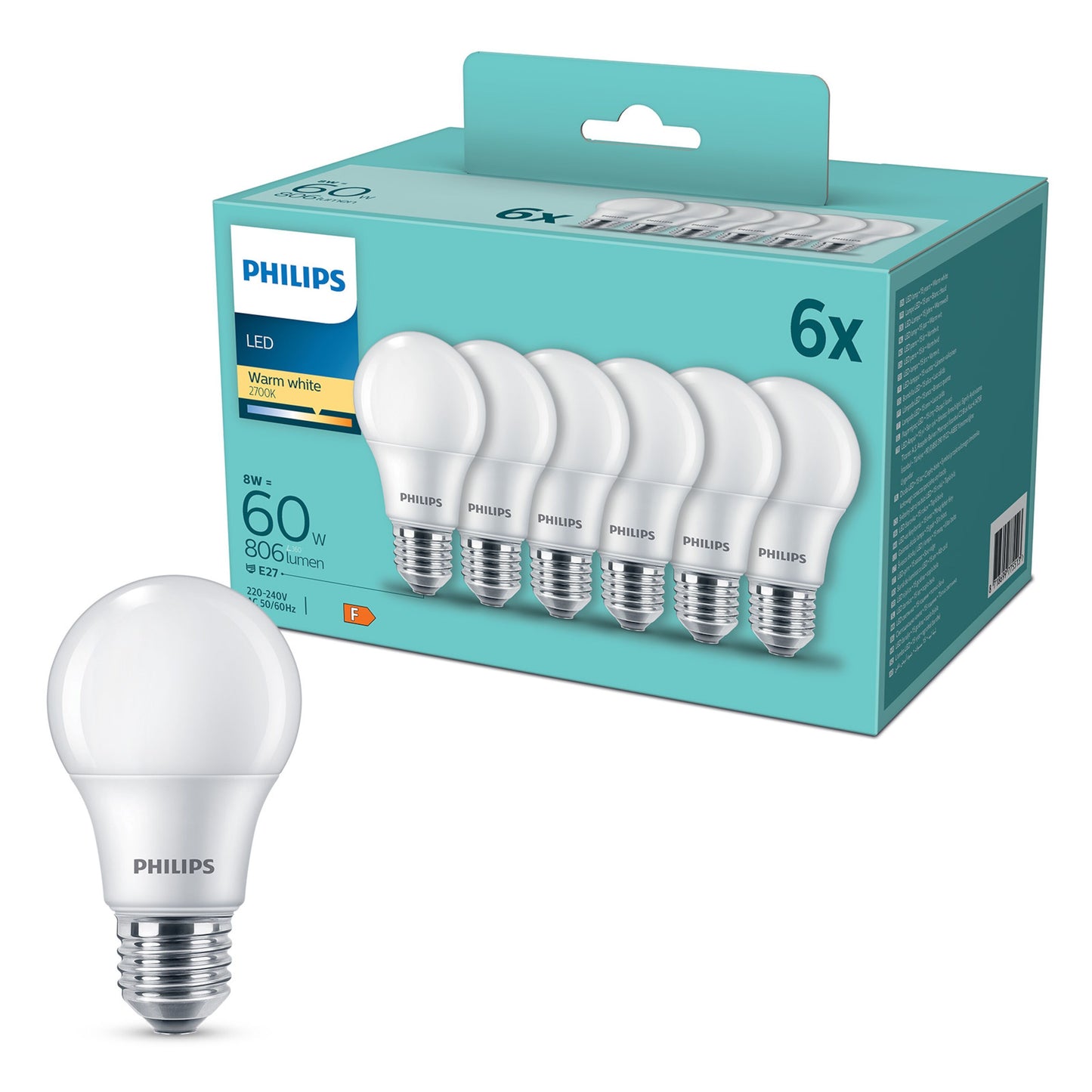 Philips LED-pære E27 806 lumen 8W 6-pak én pære ude af kassen æskeinfo: svarer til 60W, E27 fatning.