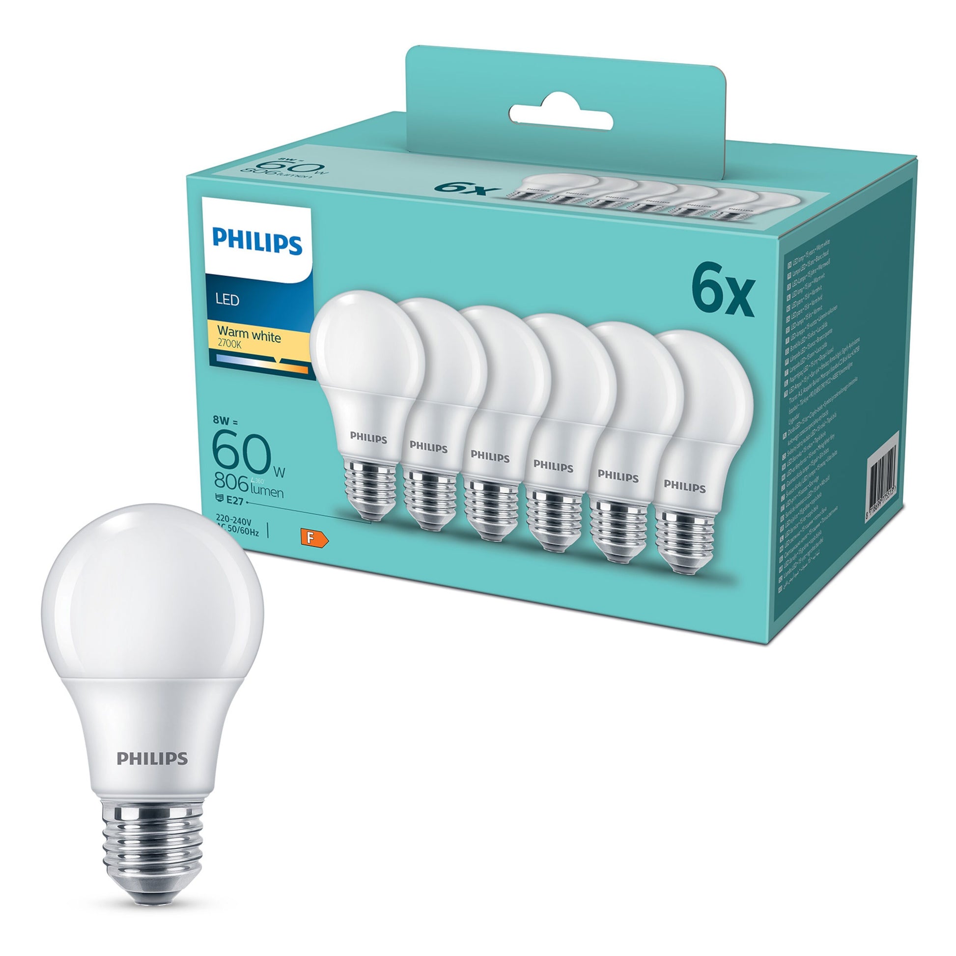 Philips LED-pære E27 806 lumen 8W 6-pak én pære ude af kassen æskeinfo: svarer til 60W, E27 fatning.