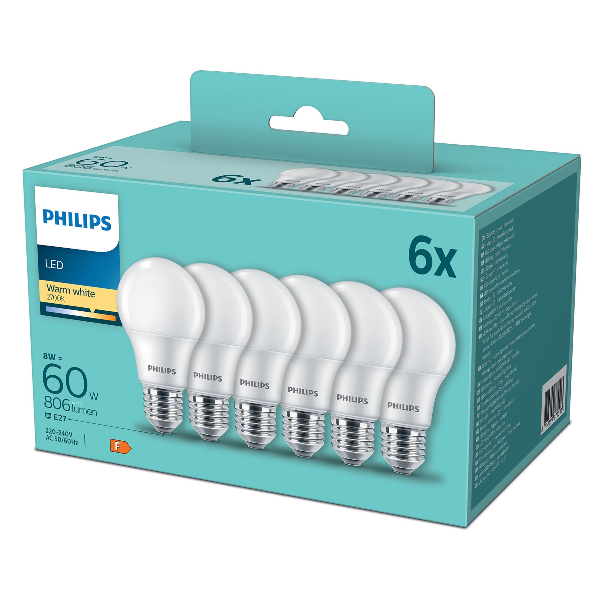 Philips LED E27 pære 806 lm 8W varm hvid (2700K) 6-pak med produktbilleder og info på teal æske.