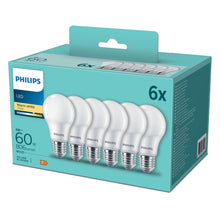 Philips LED E27 pære 806 lm 8W varm hvid (2700K) 6-pak med produktbilleder og info på teal æske.