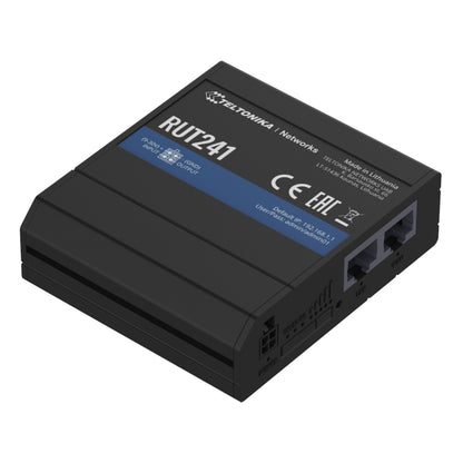 Teltonika RUT241 4G-router, sort med blå/hvid label, to Ethernet-porte, LED-indikatorer og certificeringsmærker.