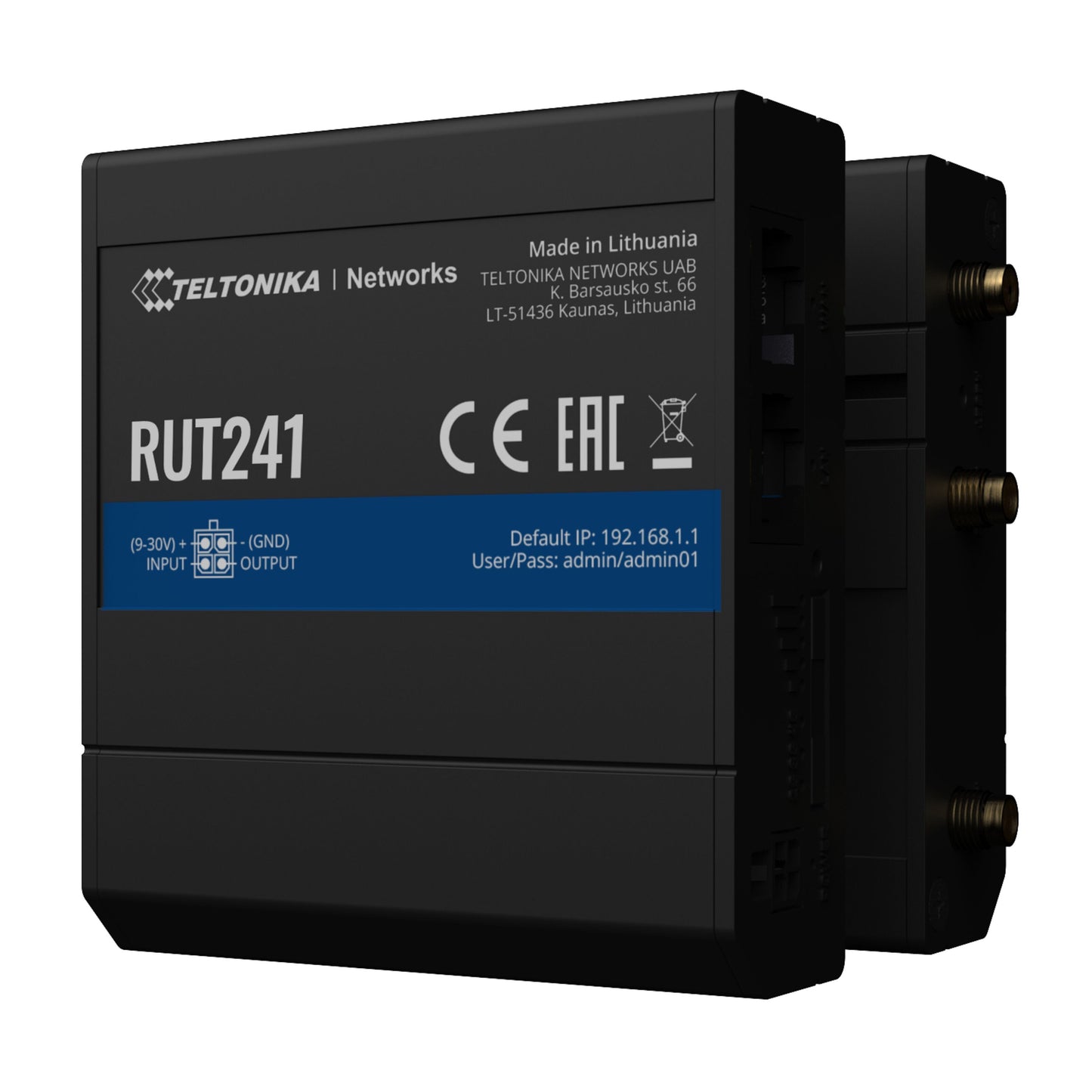 Teltonika RUT241 sort 4G-router med modem, synlige input/output-porte, antenner, frontviser IP og login-oplysninger.