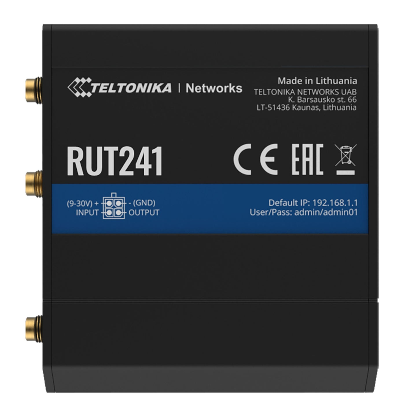 Teltonika RUT241 sort 4G-router med modem, modeloplysninger samt ind- og udgange og logininfo på toppanel.
