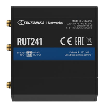 Teltonika RUT241 sort 4G-router med modem, modeloplysninger samt ind- og udgange og logininfo på toppanel.