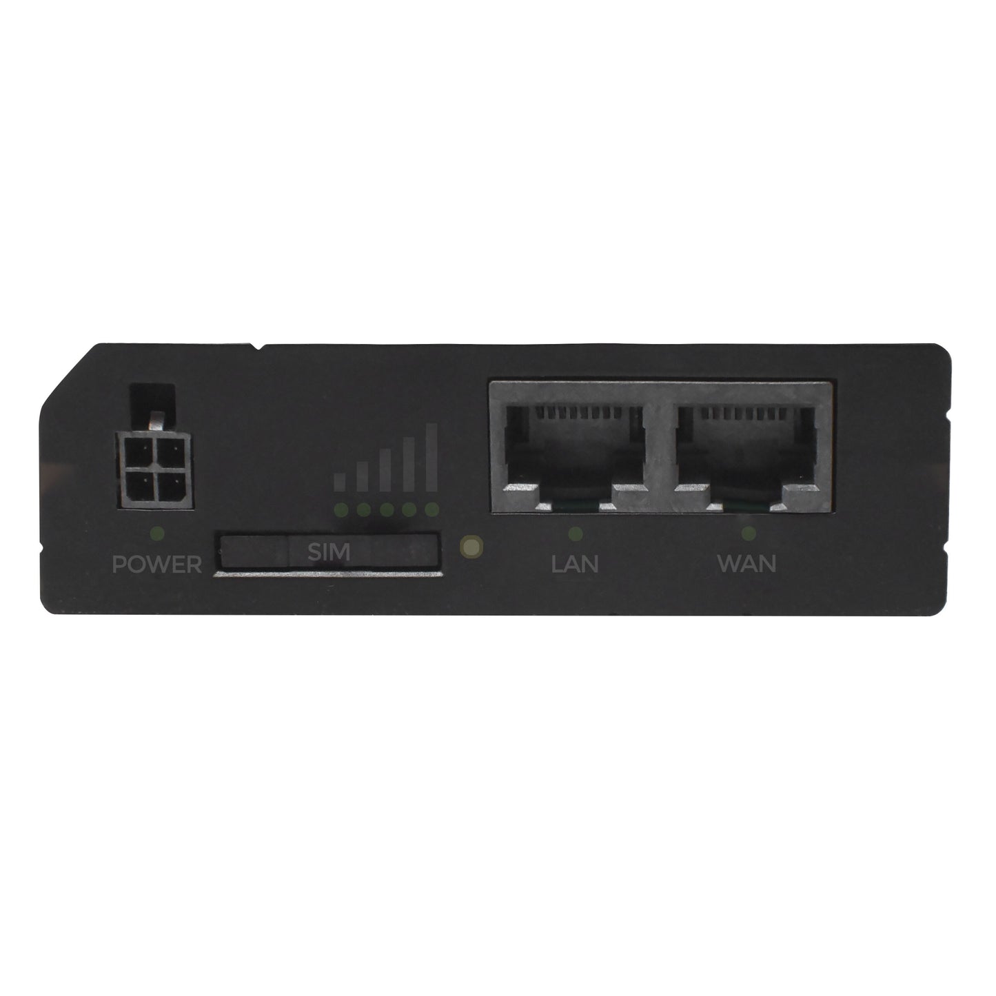 Teltonika RUT241 4G-router, sort, modempanel med strømstik, SIM-slot, signal LED og to Ethernet-porte med LED.