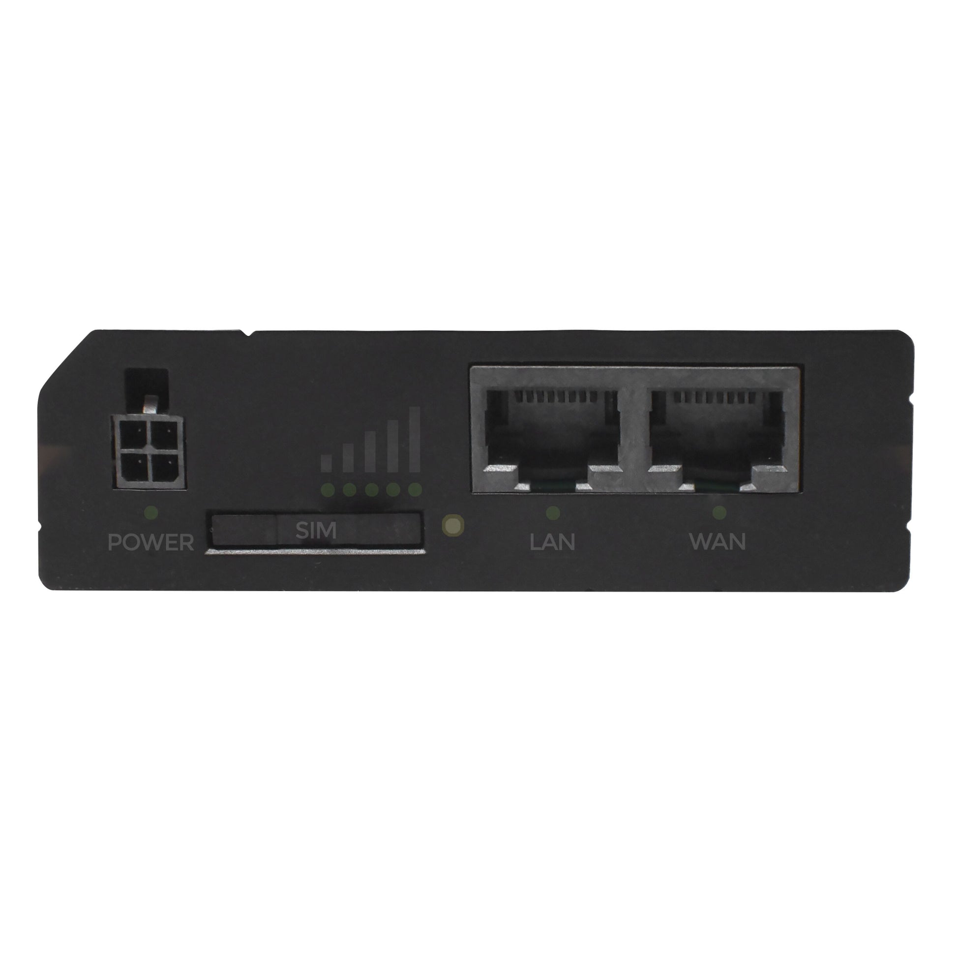 Teltonika RUT241 4G-router, sort, modempanel med strømstik, SIM-slot, signal LED og to Ethernet-porte med LED.